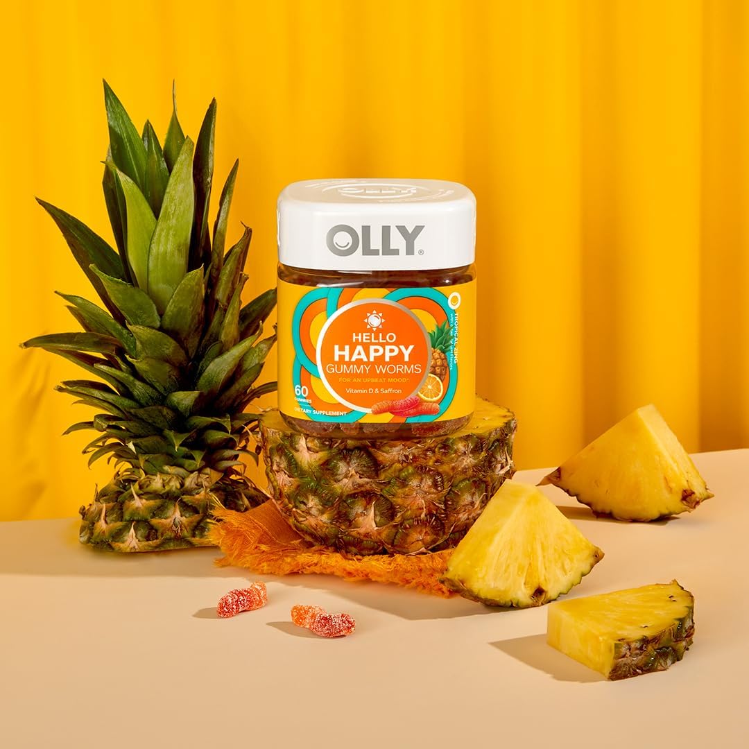 OLLY Hello Happy Gummy Worms, Mood Support Gummies for Adults with Saffron Extract & Vitamin D, Tropical Zing, 60 Count - görsel 4