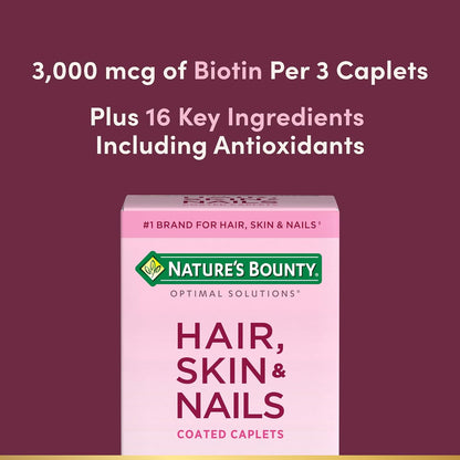 Nature's Bounty Optimal Solutions Hair, Skin & Nails Formula, 3000 mcg Biotin, 60 Coated Caplets