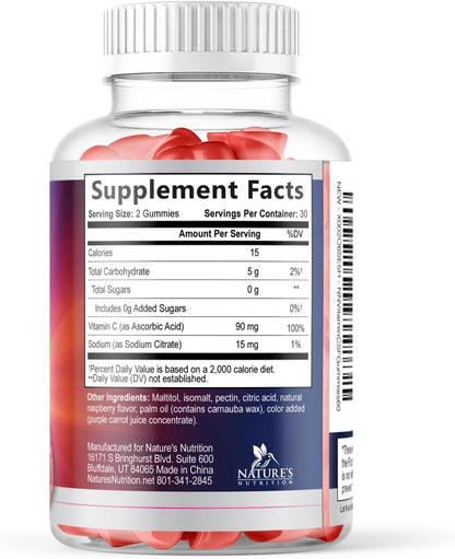 Zero Sugar Vitamin C Gummies – Immune Support & Antioxidant Supplement – Vegan, Non-GMO, Gluten-Free – Raspberry Flavour (60 Count)