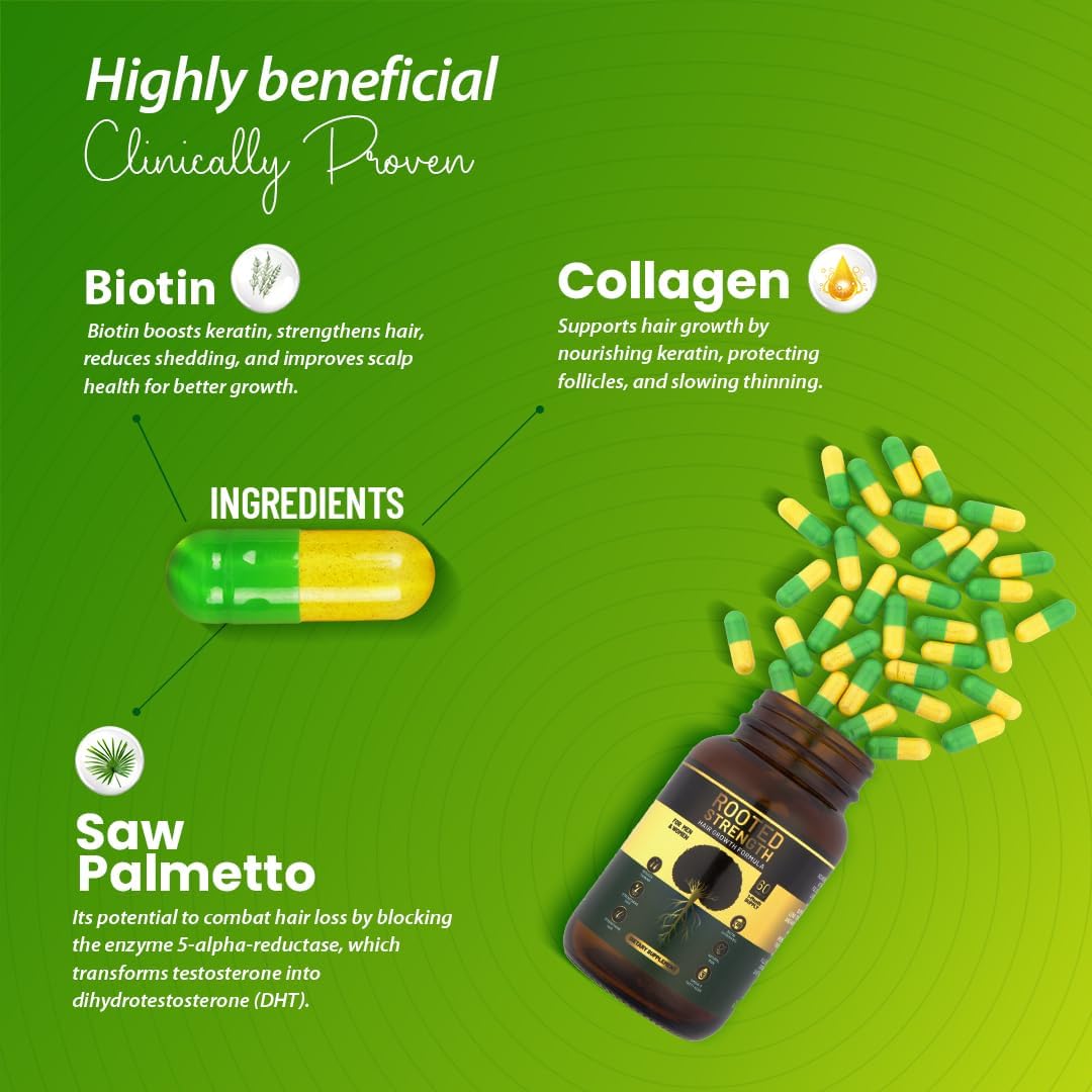 Rooted Strength Hair Growth Vitamins – Biotin with DHT Blocker and Collagen, 60 Capsules - görsel 3