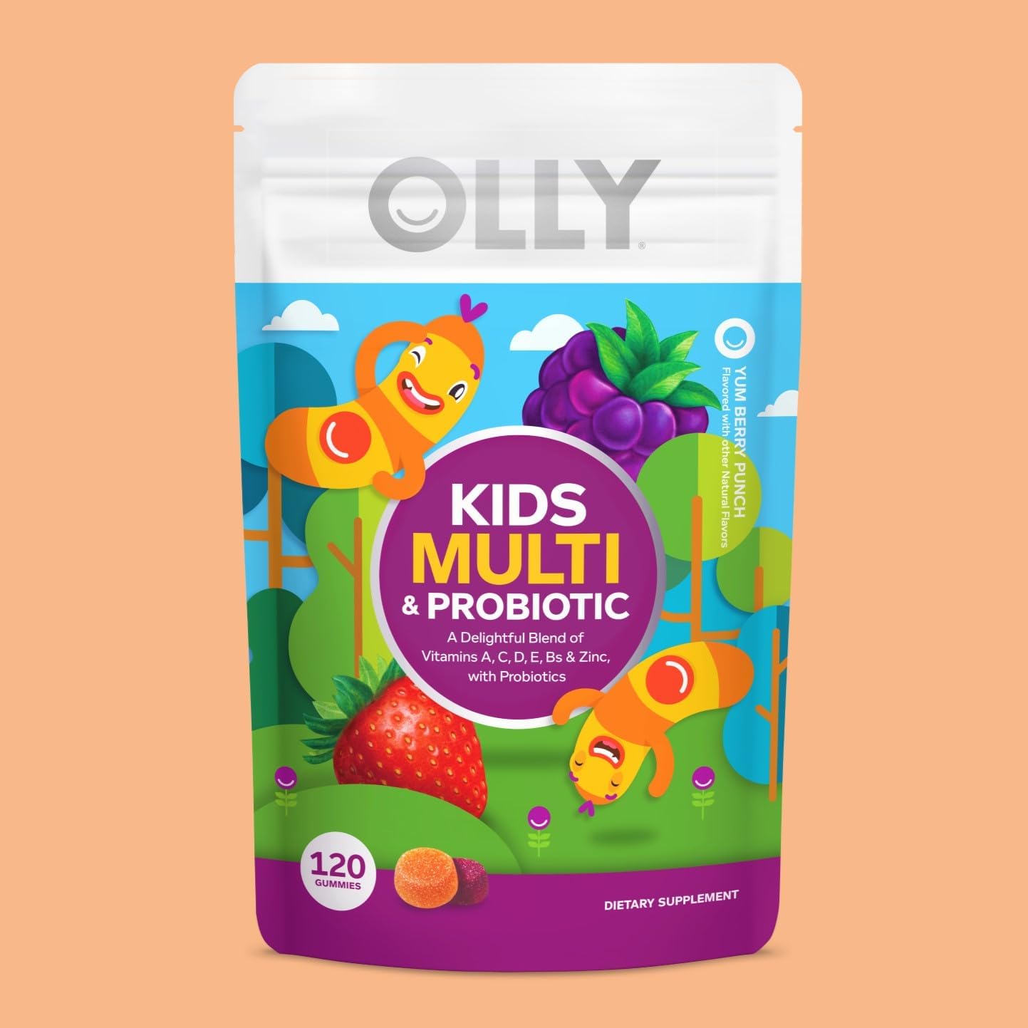 OLLY Kids Multivitamin & Probiotic Gummies - Digestive Support with Vitamins A, C, D, E, B, Zinc - Berry Flavour, 120 Count - görsel 4