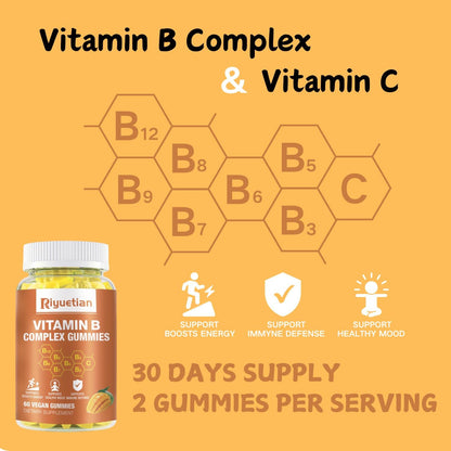 Riyuetian Vitamin B Complex Gummies with Vitamin C, Zinc, Biotin, Choline & Inositol – Contributes to Energy, Mood, Immunity, Healthy Hair & Skin (60 Gummies)