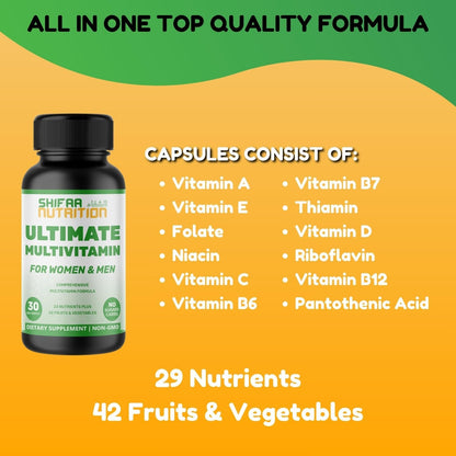 SHIFAA NUTRITION Halal Multivitamin for Women, Men & Adults – 30 Liquid Capsules with Iron, CoQ10, and 42 Fruits & Vegetables