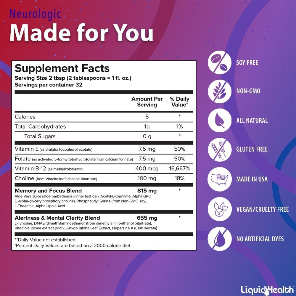 LIQUIDHEALTH Neurologic Focus Supplement - Brain Booster for Cognitive Function, Memory & Focus - 946 ml - görsel 5