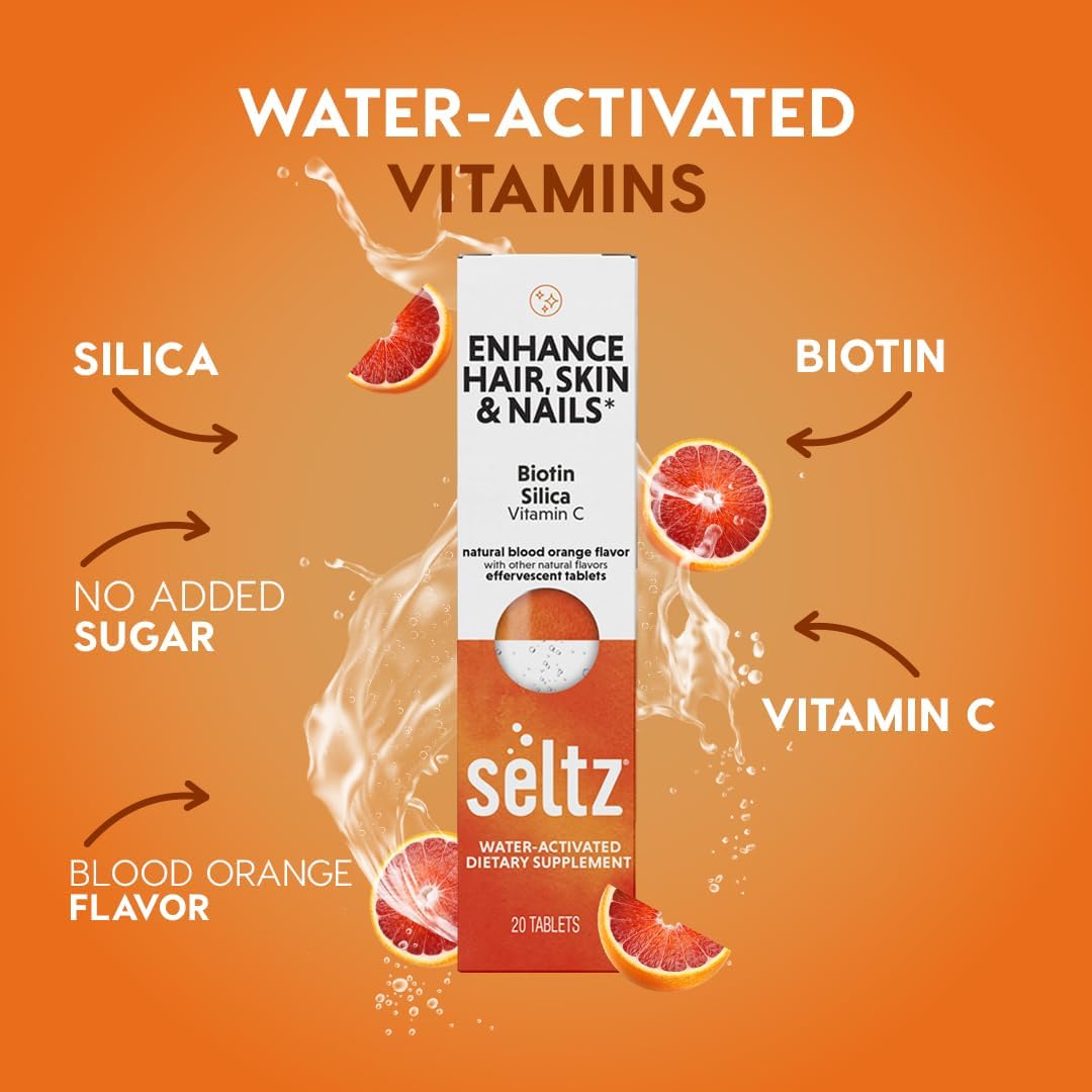 Seltz Hair, Skin and Nails Drink Tablets – Biotin Food Supplement with Vitamin C and Silica, Effervescent, No Added Sugar, Blood Orange Flavour, 6 Pack - görsel 2