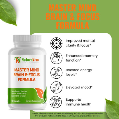 Master Mind Brain & Focus Formula - Nootropic Supplement for Improved Focus, Memory, and Clarity - DMEA - Energy Support with Vitamins & Minerals - 60 Capsules