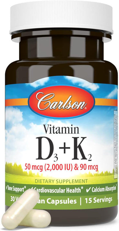 Carlson Vitamin D3 + K2, 50 mcg (2000 IU) Vitamin D3 & 90 mcg Vitamin K2 as MK7, 30 Softgels