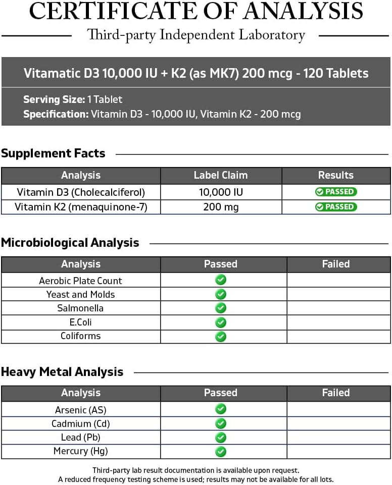 Vitamatic Vitamin D3 K2 Supplements with 10,000 IU Vitamin D + 200mcg Vitamin K MK-7, 120 Tablets Bone, Heart, Immune, & Calcium Support - görsel 3