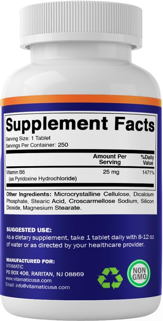 Vitamatic Vitamin B6 (Pyridoxine HCl), 25 mg, 250 Vegetarian Tablets - görsel 8