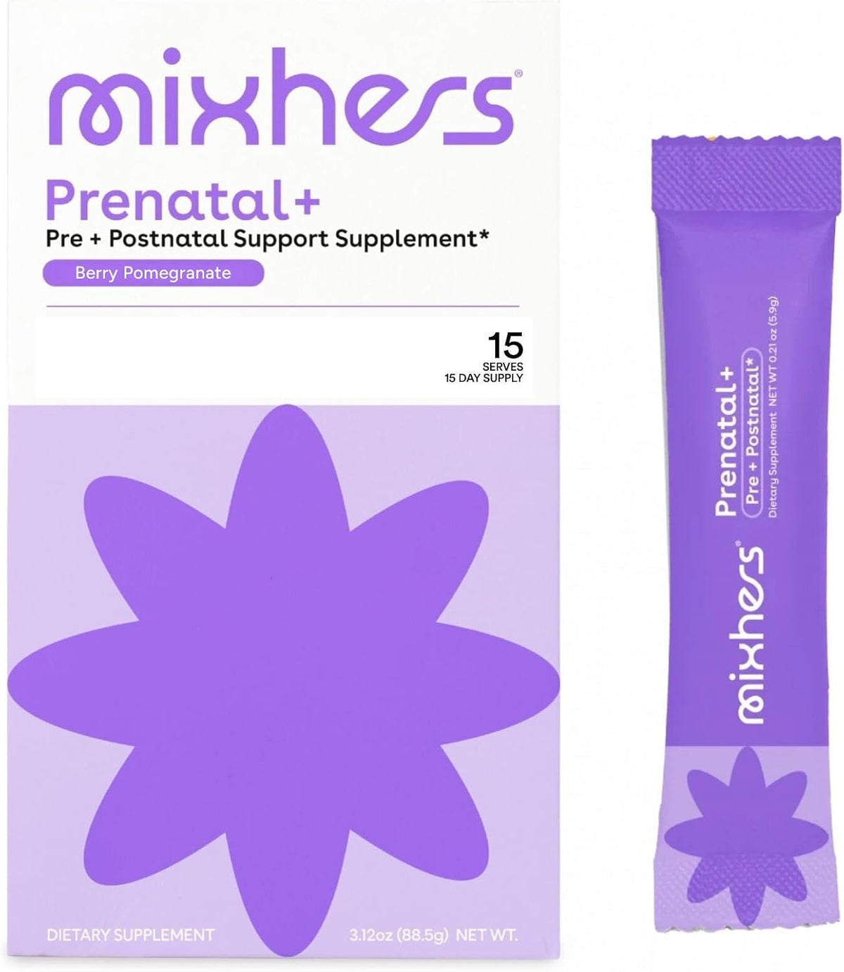 MIXHERS Prenatal+ Pre & Postnatal Vitamins Drink Mix, Berry Pomegranate, 15 Stick Packets - görsel 1