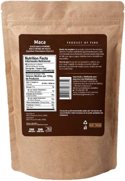 Organic Peruvian Black Maca (Gelatinised Powder) – Energy and Stamina Support, 400g (14.1 oz)