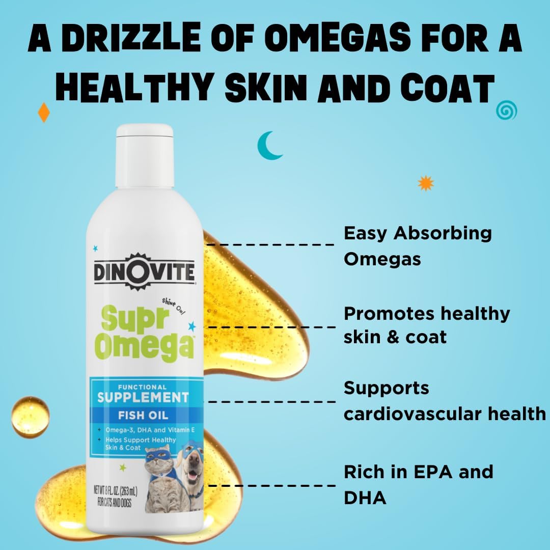 Dinovite SuprOmega Fish Oil for Dogs & Cats – Vitamin E & Omega-3 Meal Topper – Skin & Coat Health – 237 ml - görsel 2