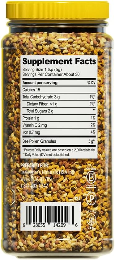 Beekeeper's Naturals - 100% Raw Bee Pollen Granules, Naturally Preserved Enzymes, Source of Vitamin B, Minerals, Amino Acids & Protein - Paleo & Keto Friendly, Gluten-free (5.2 oz)