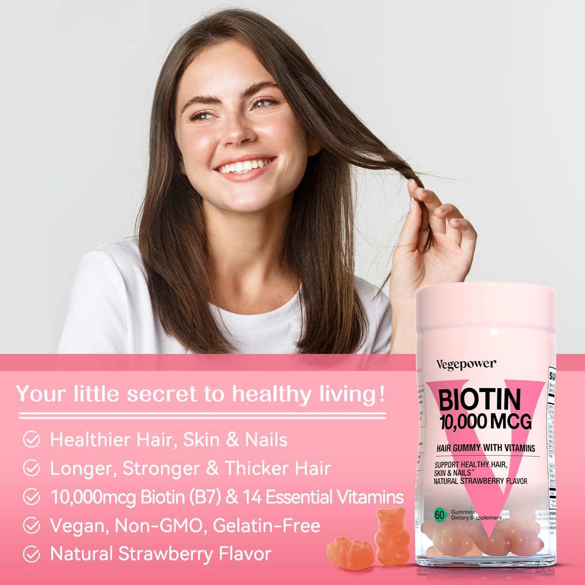 Biotin Gummies 10000mcg with Vitamin C, A, D, B-Complex, Folate, Zinc - Vegan Hair, Skin & Nail Gummies, Strawberry Flavour, 120 Gummies - görsel 4