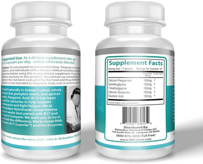 Richardson Nutritional Centre B15 Complete Extra Strength, Pangamic Acid, with TMG, DMG 500mg 90 Capsules - Supports Healthy Oxygen & Energy Levels