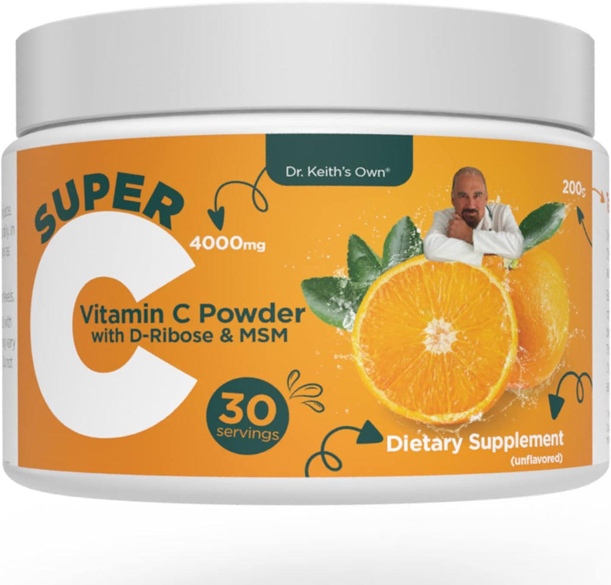 Dr. Keith's Own Super C - High-dose Powdered Vitamin C 4000mg with D-Ribose, Glycine, MSM - Unflavoured, 200 Grammes (30 Servings) - görsel 1