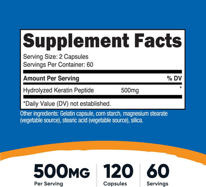 Nutricost Keratin Hydrolysed Peptide Capsules - 500mg, 120 Capsules (60 Servings) - Non-GMO, Gluten-Free