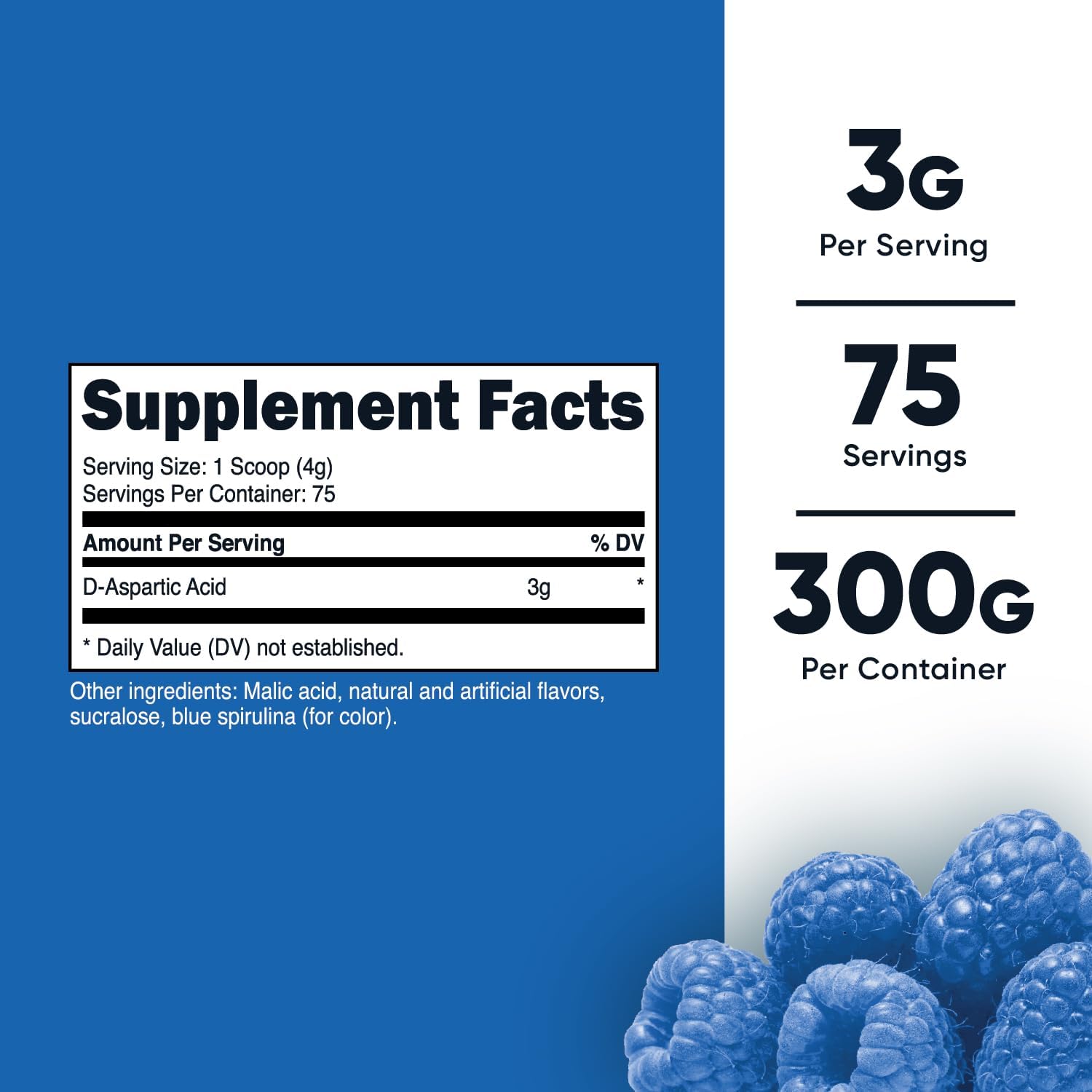 Nutricost D-Aspartic Acid (DAA) Powder – Blue Raspberry, 300g - görsel 2