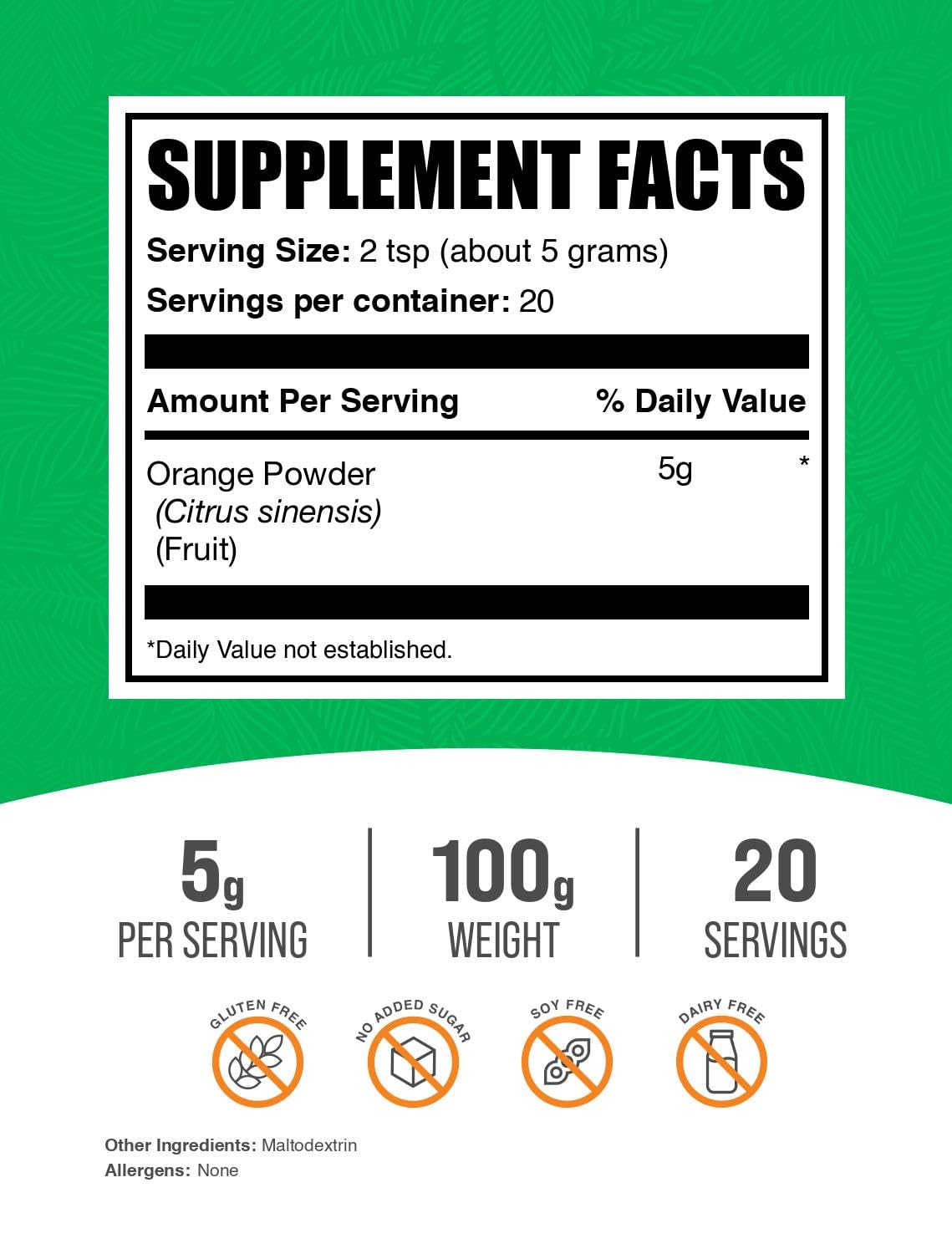 BulkSupplements.com Orange Powder - Orange Fruit Powder, Nutrient-Rich Flavour Enhancer - Gluten-free, 5g per Serving, 100g (Pack of 1) - görsel 2