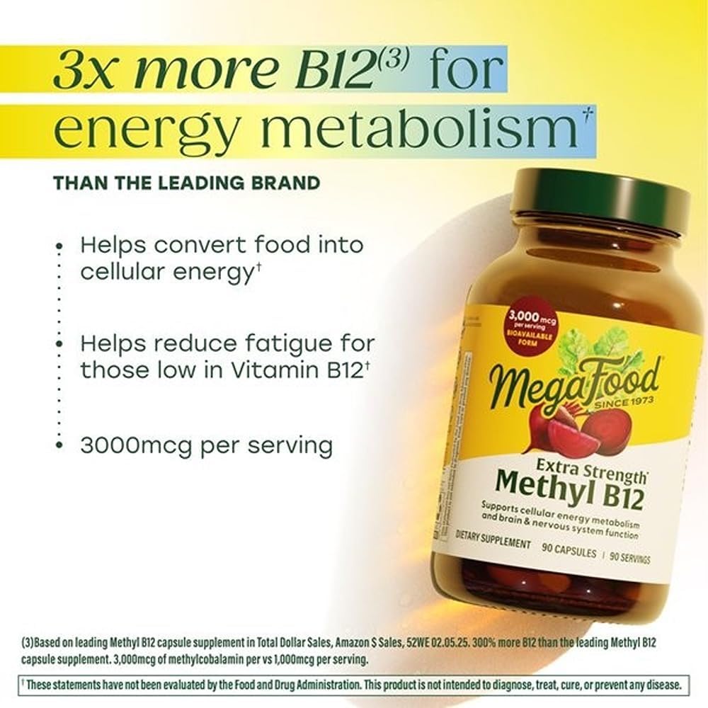 MegaFood Extra Strength Methyl B12 Vitamins, Bioavailable Vitamin B12 3000mcg Per Serving, Supports Energy Metabolism and Nervous System Health, Beetroot, Vegan, Gluten-free, 90 Capsules, 90 Servings - görsel 3