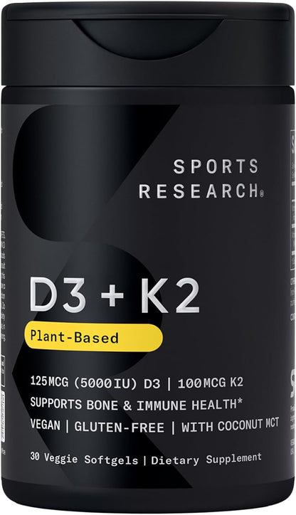 Sports Research Vitamin D3 with K2 Softgels – Vegan D3 & K2 MK-7, 5000 IU, 120 Count