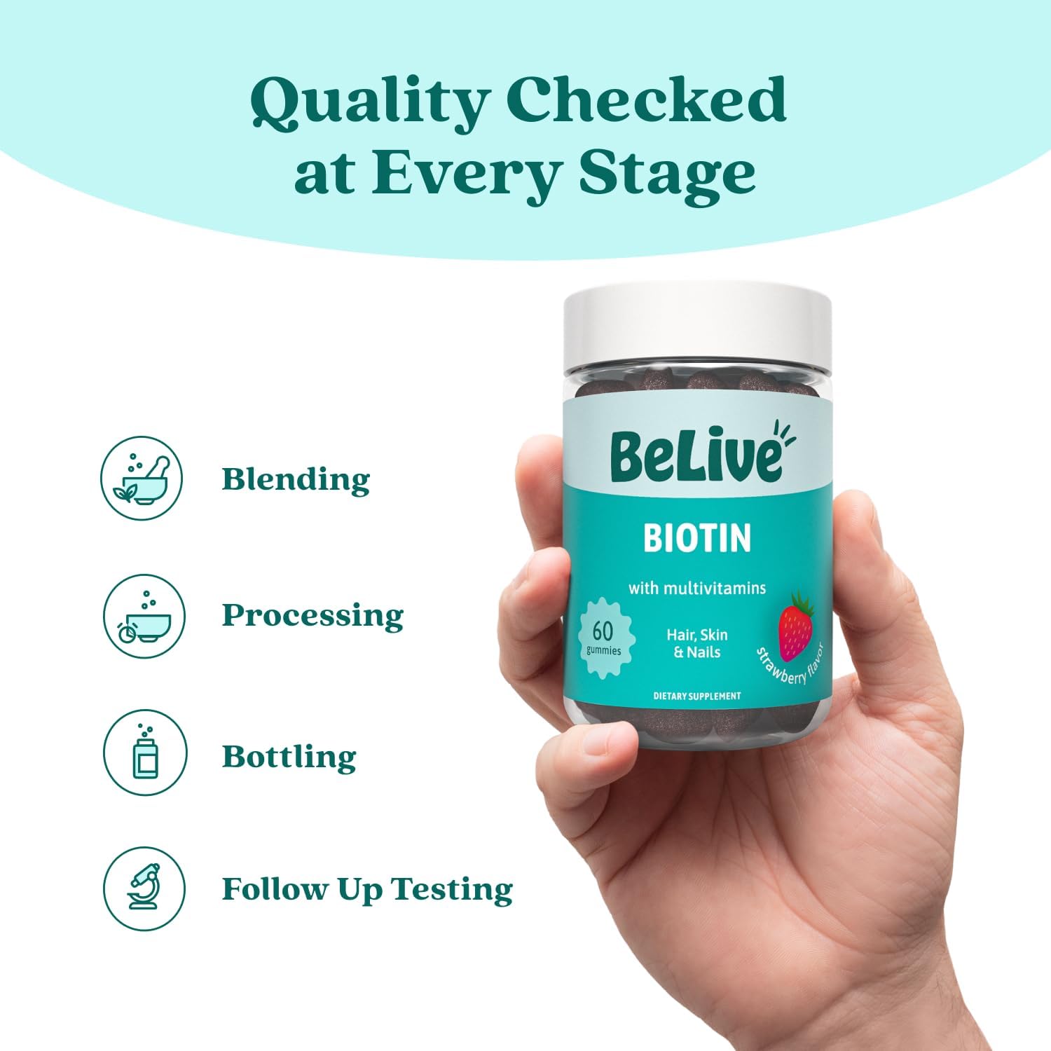 BeLive Biotin Gummies - Hair, Skin and Nails Multivitamin with A, C, D, E, B12, Zinc, Folate & Inositol - Strawberry (3-Pack) - görsel 8