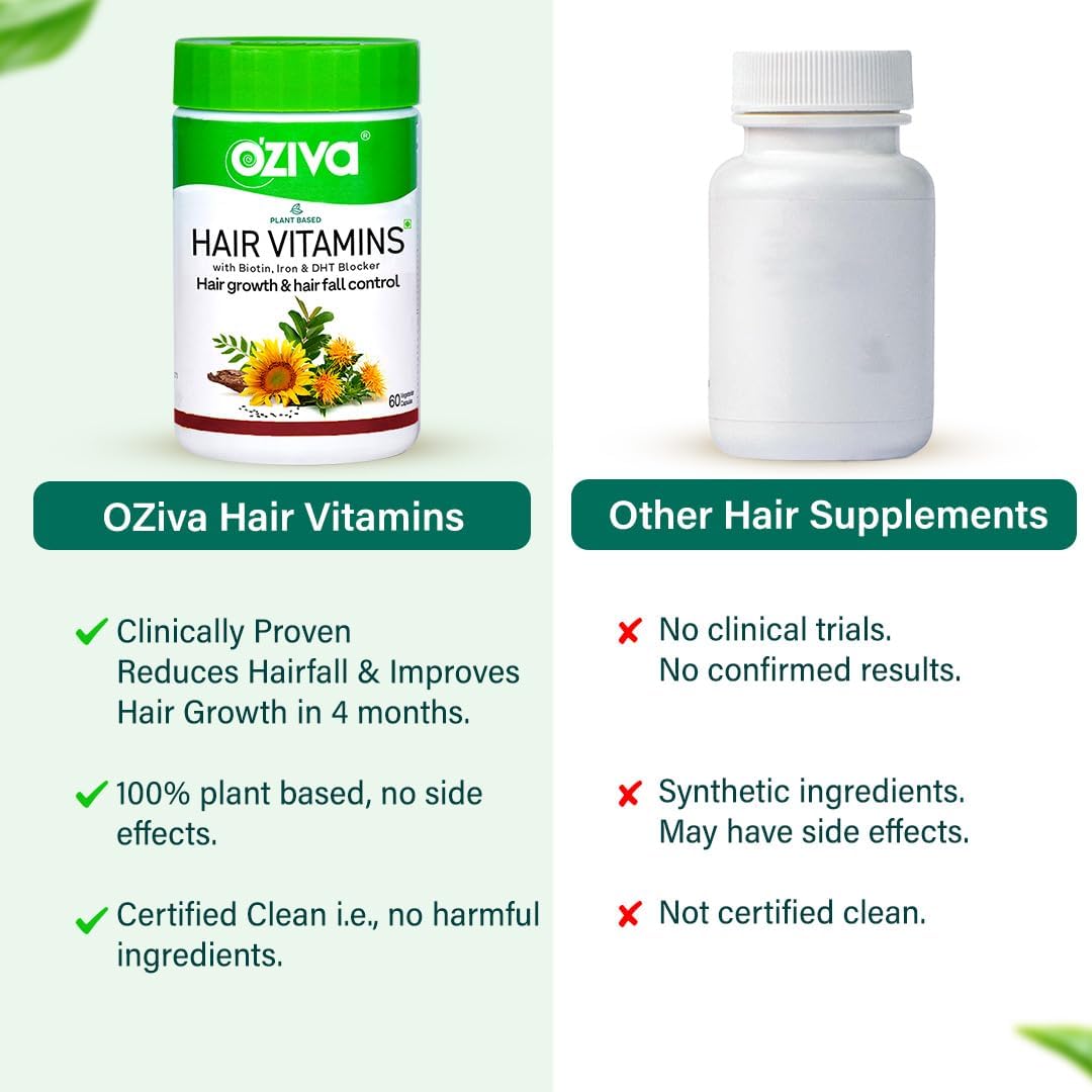 OZIVA Plant Based Hair Vitamins - with Omega-3, Biotin & Vitamin E - Certified Clean & Vegan - 60 Capsules - görsel 4