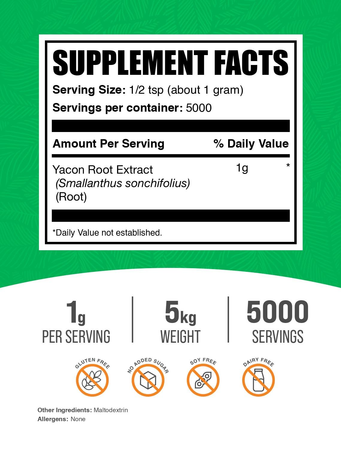 BulkSupplements.com Yacon Root Extract Powder - Sugar Substitute, Natural Fibre Sweetener - Gluten-free, 1g per Serving, 1kg (Pack of 5) - görsel 2