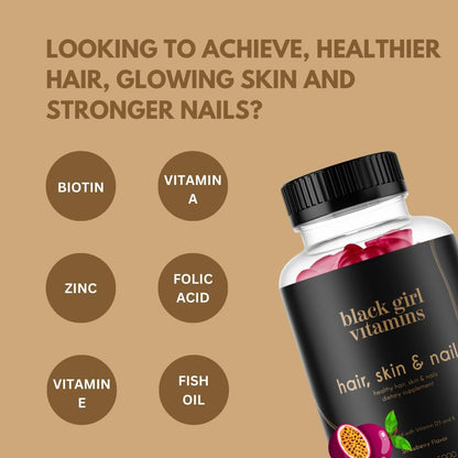 Black Girl Vitamins Hair, Skin and Nails Gummies, Biotin 6000 mcg, Zinc, Vitamins A, C, E, Passion Fruit, 120 Count