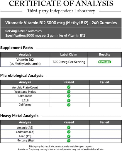 Vitamatic Extra Strength Vitamin B12 5000 mcg (Methyl B12) Gummies - 240 Count, Natural Cherry Flavoured