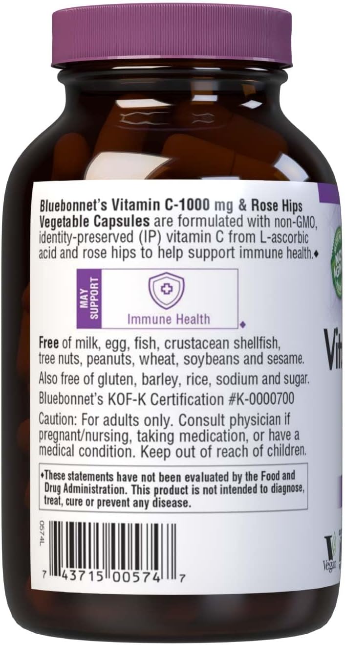 Bluebonnet Nutrition Vitamin C 1000mg with Rose Hips Vegetable Capsules - görsel 3
