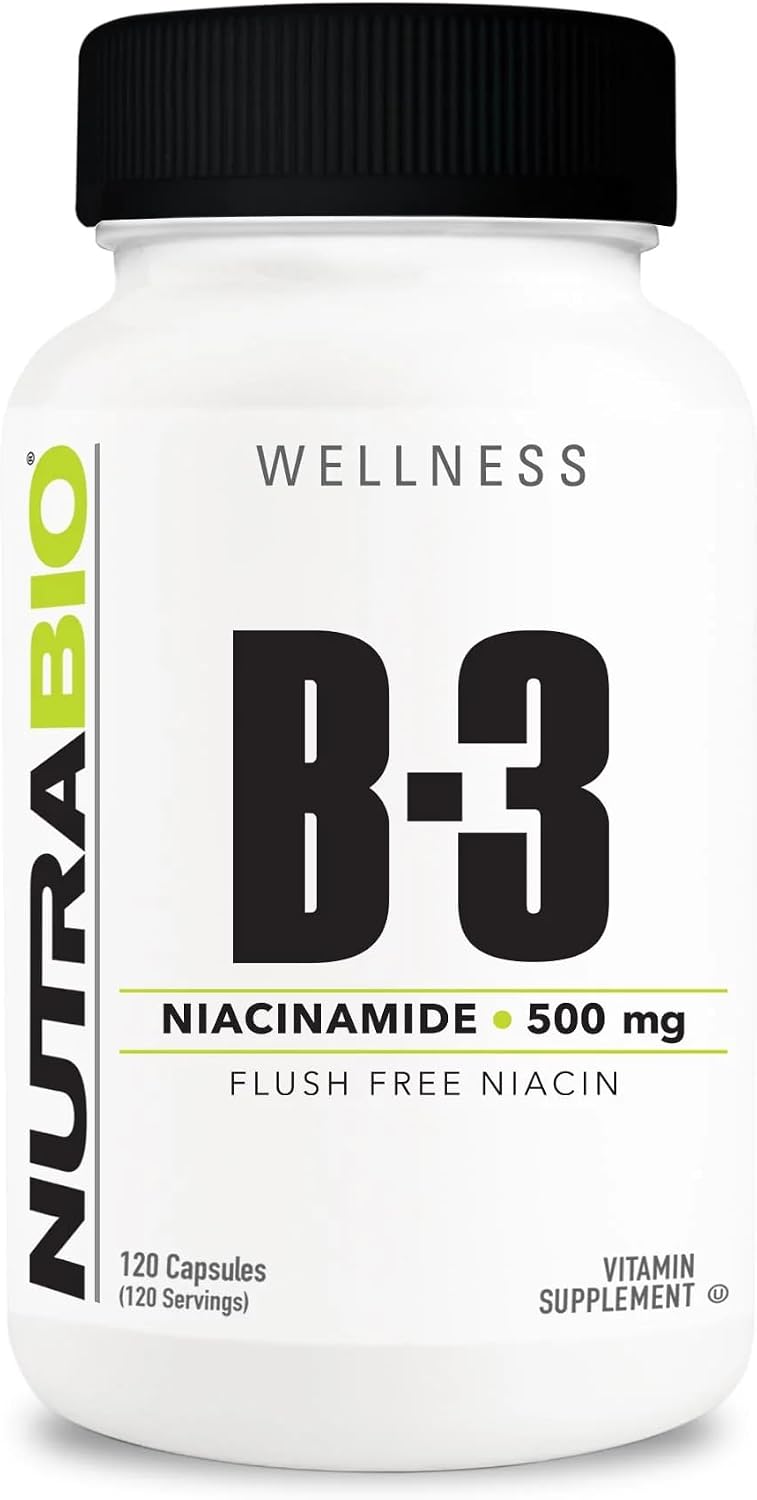 NutraBio Niacinamide 500mg – Flush Free Vitamin B3 Supplement – 120 Vegetable Capsules - görsel 1