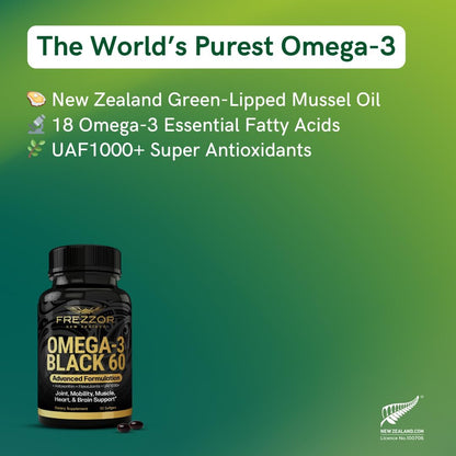 FREZZOR Omega 3 Black – New Zealand Green Lipped Mussel Oil Capsules for Joint Care & Comfort, 60 Soft gel capsule Capsules