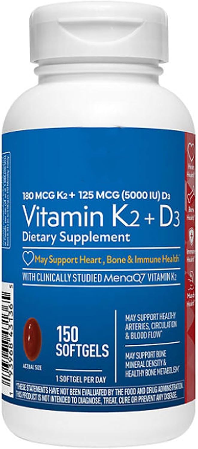 Vitamin K2 + D3 125 mcg (5000 IU) Soft gel capsules, 150 Count - görsel 1