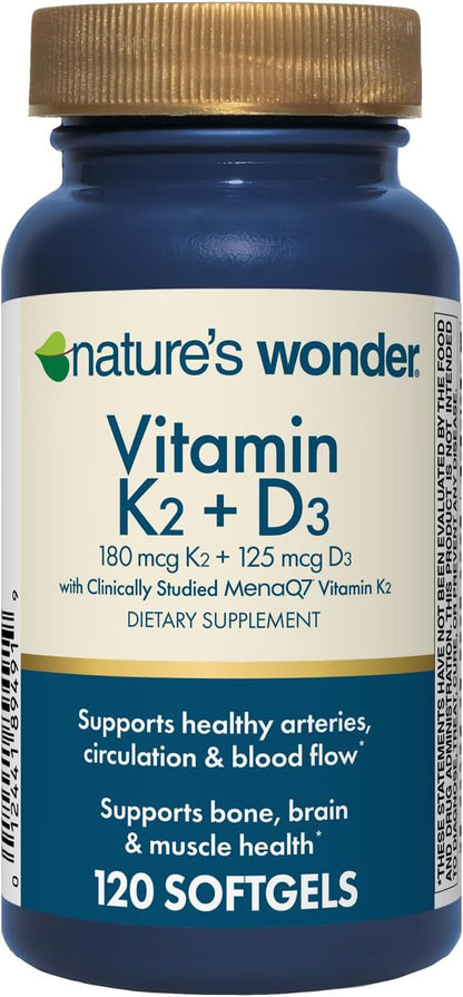 Nature's Wonder Vitamin K2 + D3 with MenaQ7 for Cardiovascular, Brain, Bone and Muscle Health, 120 Soft gel capsules, 120 Day Supply