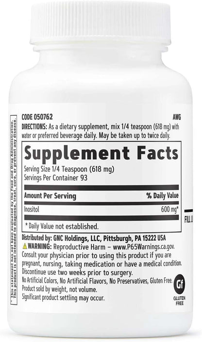 GNC Inositol Powder 600mg, Plays Critical Role in Cell Function and Growth, 93 Servings