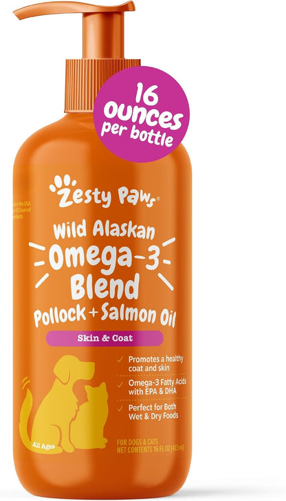 Zesty Paws Salmon Omega Oil + Hemp for Dogs and Cats – Wild Alaskan Salmon Oil with Hemp Seed Oil, Omega-3 EPA & DHA, 16 oz