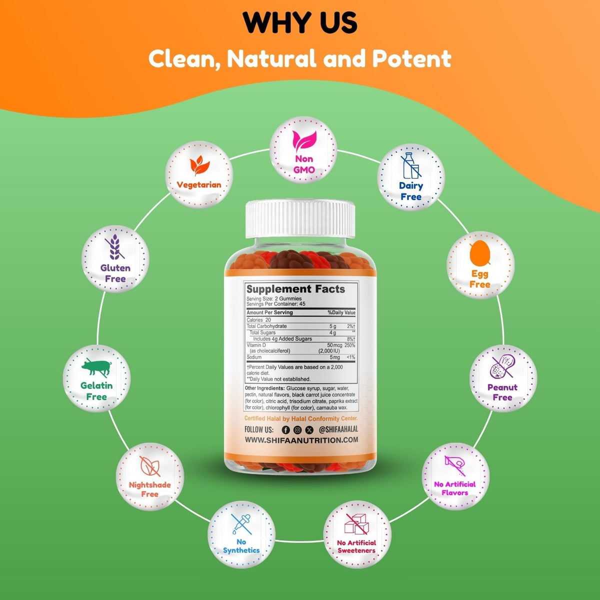 SHIFAA NUTRITION Vegetarian Vitamin D3 Gummies - 2000IU/1000IU, Halal, Non-GMO, Gluten-Free - görsel 4