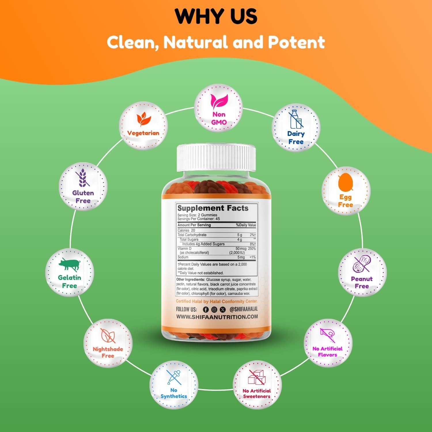 SHIFAA NUTRITION Vegetarian Vitamin D3 Gummies - 2000IU/1000IU, Halal, Non-GMO, Gluten-Free - görsel 4
