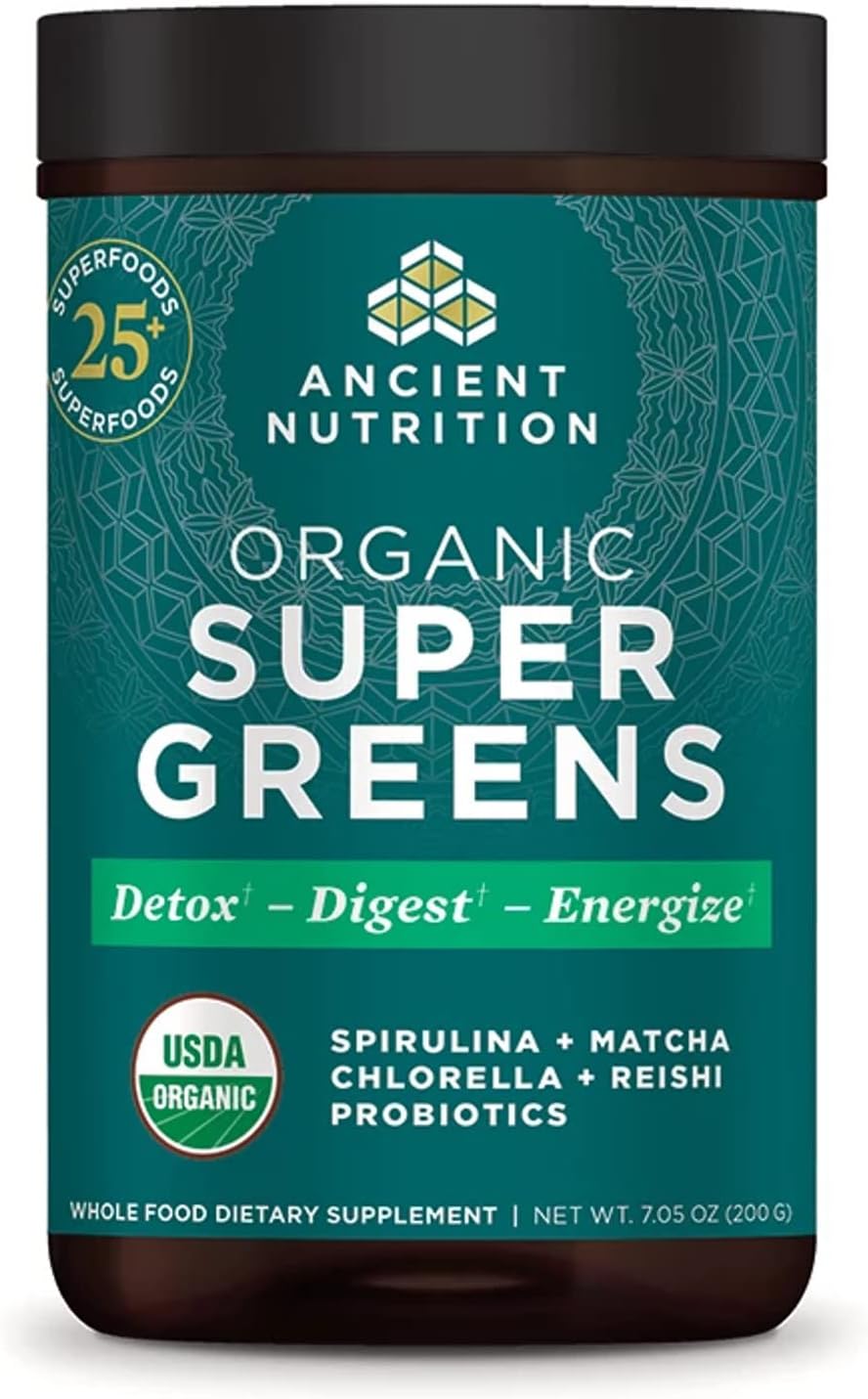 Ancient Nutrition Organic Super Greens Powder - Spirulina, Chlorella, Probiotics, 25 Servings - görsel 1