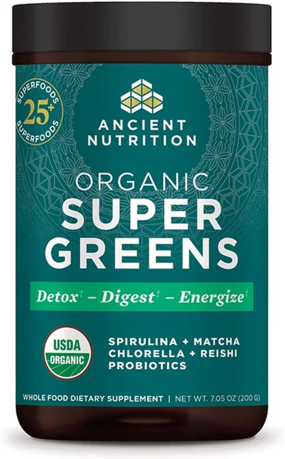 Ancient Nutrition Organic Super Greens Powder - Spirulina, Chlorella, Probiotics, 25 Servings