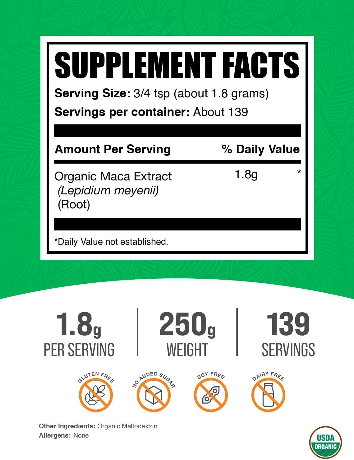 BulkSupplements.com Organic Maca Root Extract Powder – Vegan & Gluten-Free, 250g - görsel 2