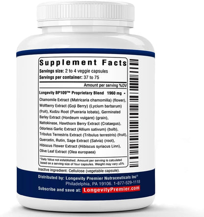 Longevity Blood Pressure Formula [150 Capsules] – Food Supplement with 12+ Natural Herbs