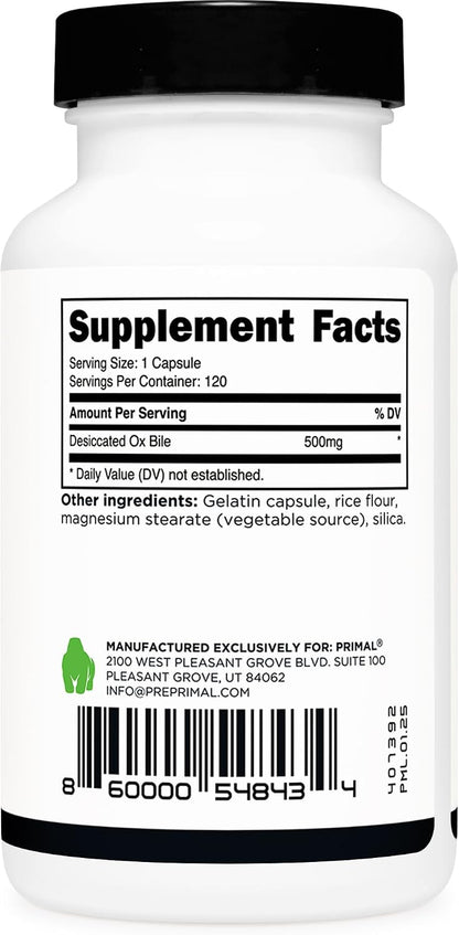 Primal Ox Bile (120 Capsules, 500 mg per Serving) - Gluten-Free, Non-GM, Independently Tested