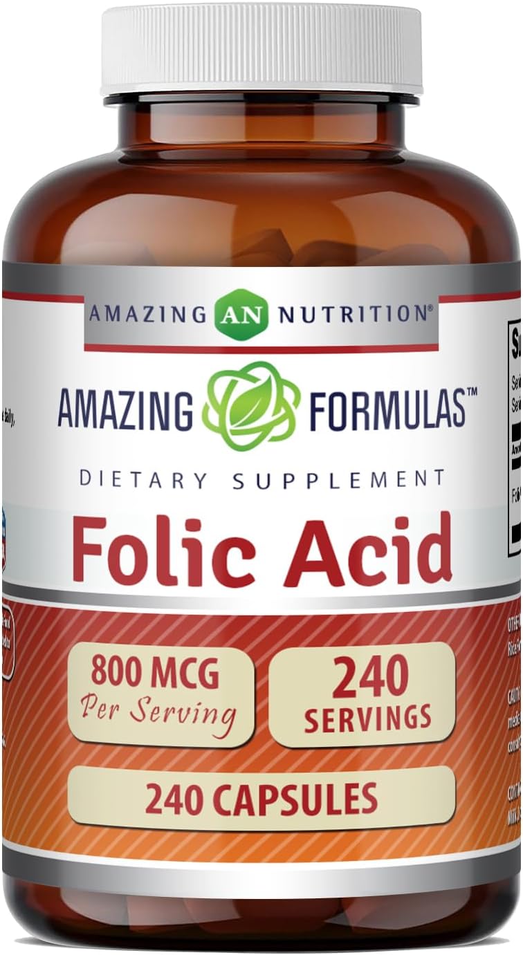 Amazing Formulae Folic Acid (Vitamin B9) 800 Mcg Supplement | Capsules | Non-GMO | Gluten-free | Made in USA (1 Pack | 240 Count) - görsel 1