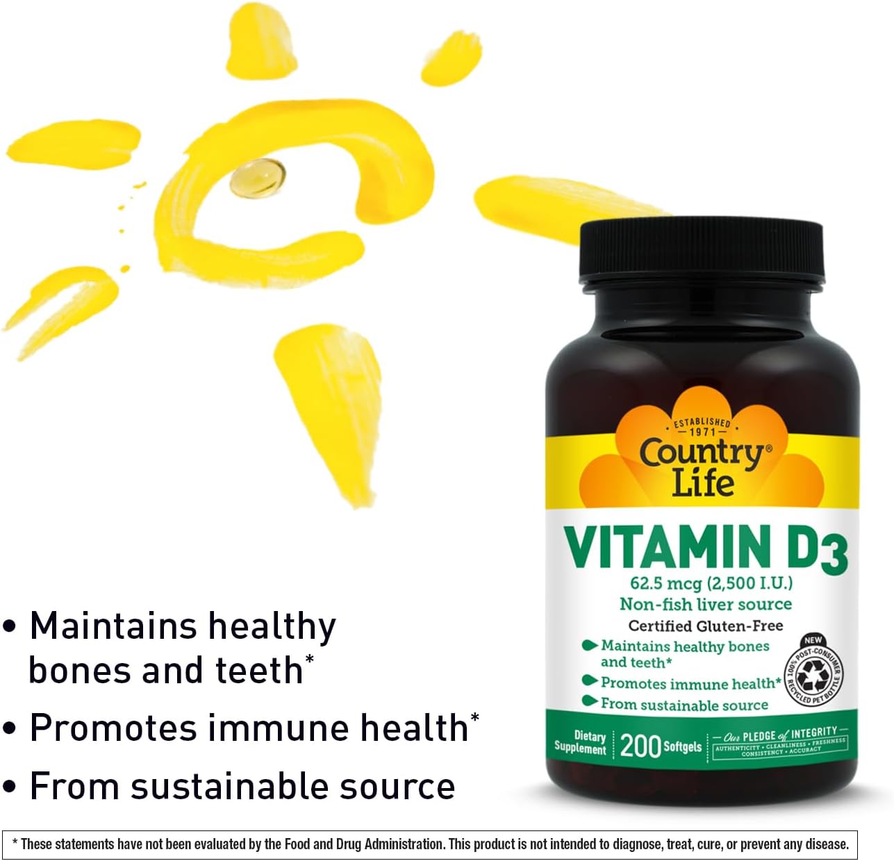 Country Life Vitamin D3 2500 IU – Non-Fish Derived, High Strength Vitamin D3 for Bone Health, Immune Support & Calcium Absorption – Certified Gluten-Free, 200 Softgels - görsel 7