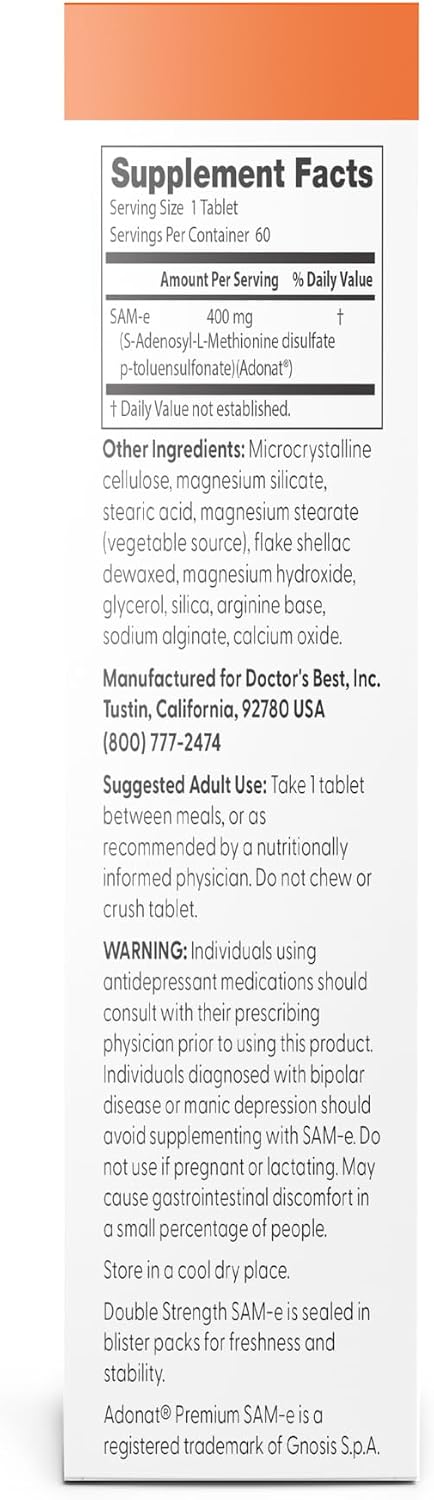 Doctor's Best SAM-e 400 mg, Vegan, Gluten-free, Soy Free, Mood and Joint Support, 60 Enteric Coated Tablets - görsel 2