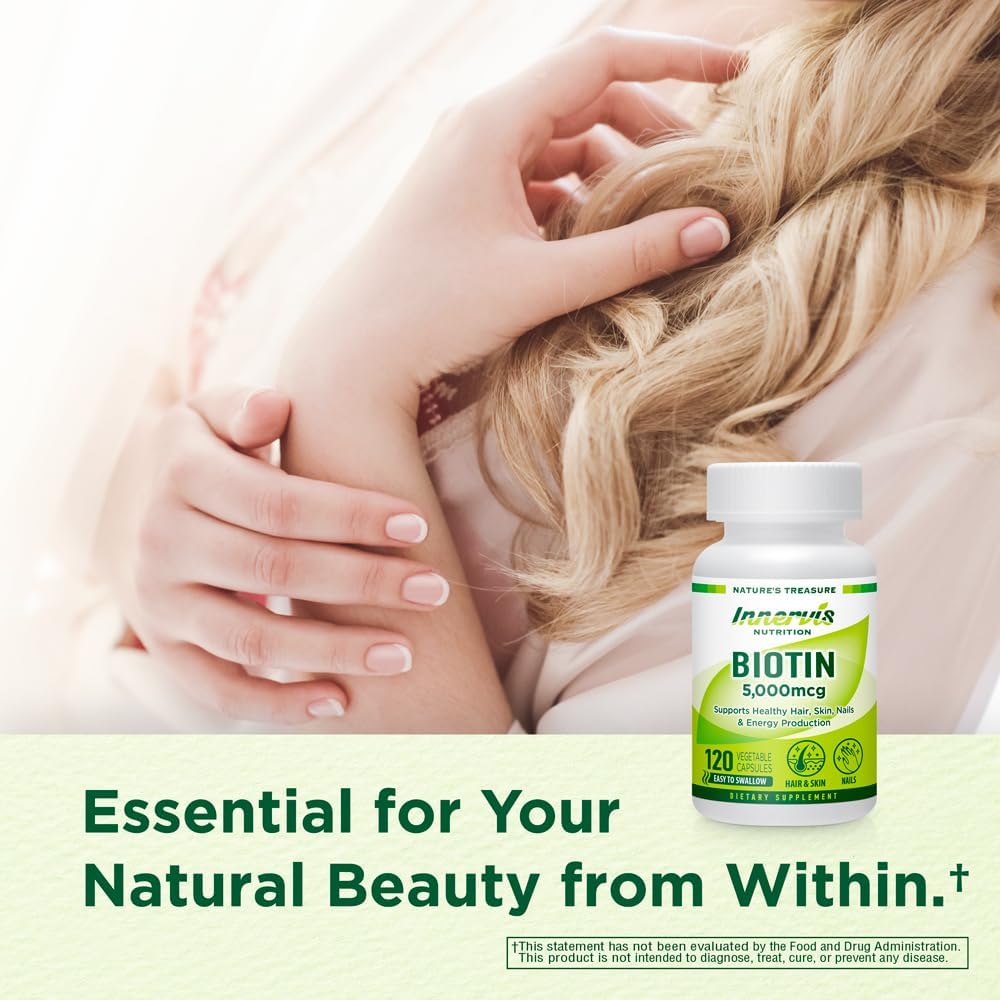 INNERVISNUTRITION High Potency Biotin 5000 mcg – Contributes to Normal Hair, Skin & Nail Health, 120 Veggie Capsules - görsel 4
