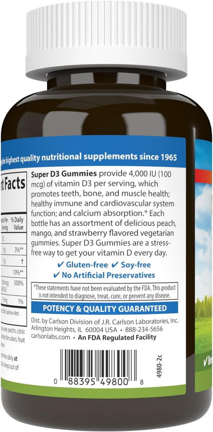 Carlson Super D3 Gummies 4000 IU (100 mcg) - Natural Fruit Flavours, 120 Vegetarian Gummies