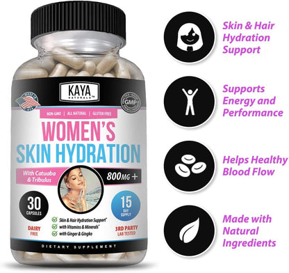 Kaya Naturals Skin Hydration Vitamins for Women - Hydration Booster, Anti-Ageing, Energy & Mood Support, 30 Veggie Capsules